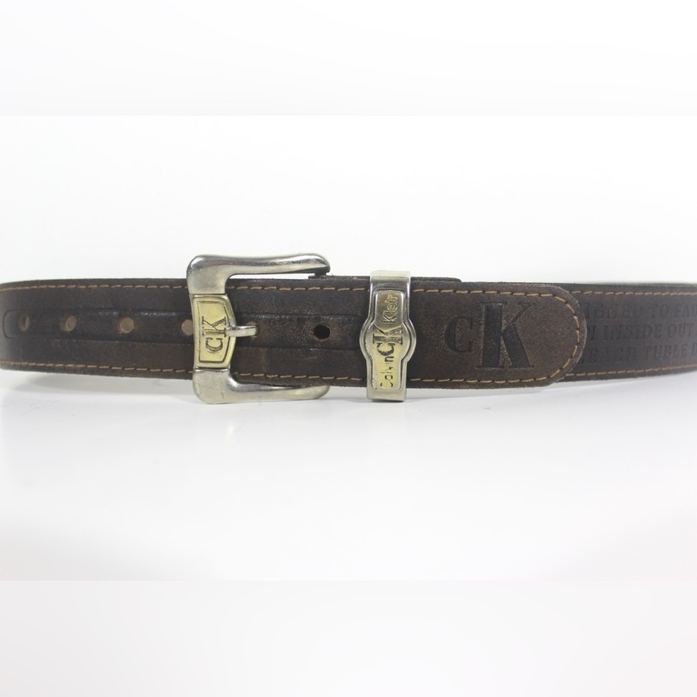 CK Calvin Klein Jeans Belt Vintage Brown Leather Belt Silver Gold Buckle Worn In